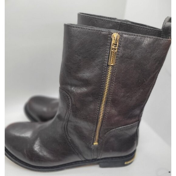 Tory Burch Elyse Dark Brown Leather Mid Calf Boots Gold Zipper Heel Accent - Picture 7 of 10